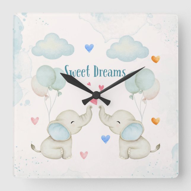 Sweet Dreams Baby Elephant Nursery Square Wall Clock (Front)