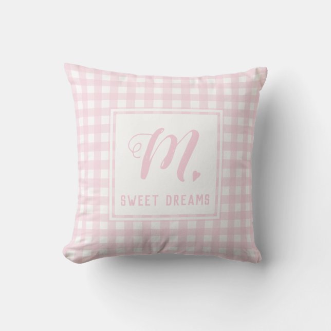 Sweet Dreams Baby Pink Medium Gingham Monogram Throw Pillow (Front)