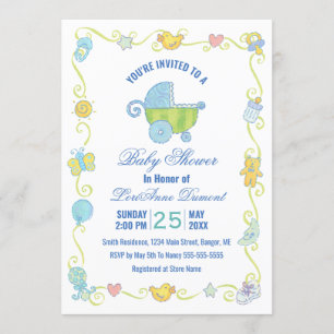 Sweet Dreams Carriage Blue and White Baby Shower Invitation