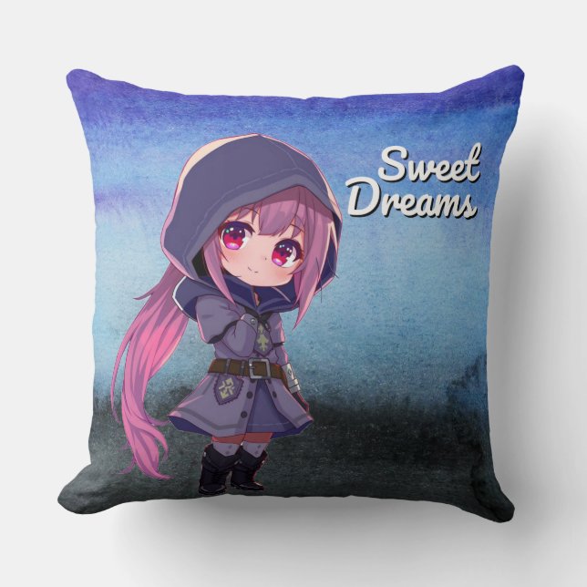 Sweet Dreams Cute Chibi Girl Throw Pillow (Front)