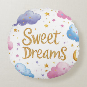  Sweet Dreams - Cute Clouds and Stars Illustration Round Pillow