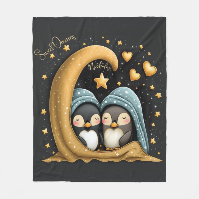 Sweet Dreams Cute Design Penguin Personalized Name Fleece Blanket (Front)