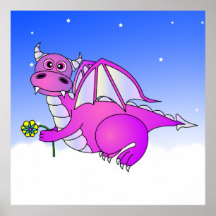 Sweet Dreams - Cute Purple Dragon with Flower Poster
