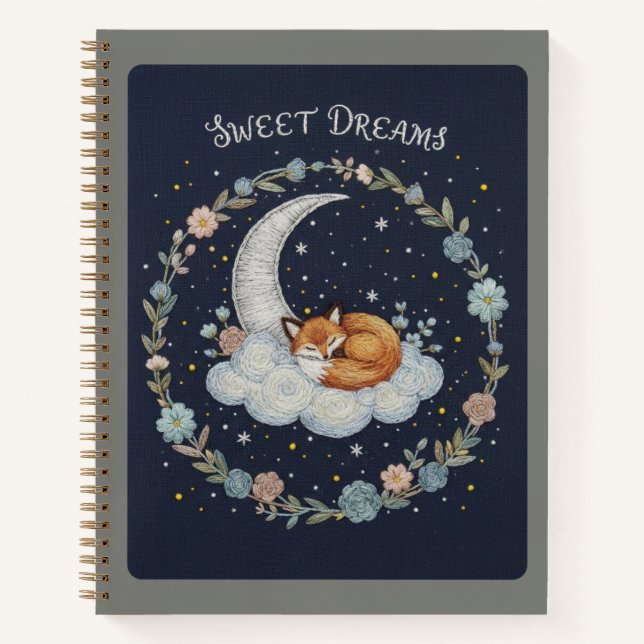 Sweet Dreams Embroidered Fox on Moon Journal (Front)