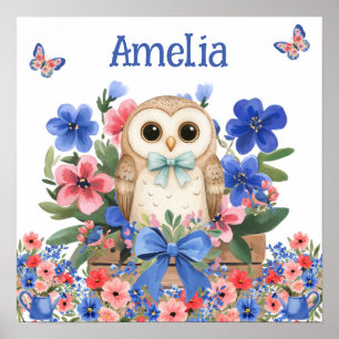 Sweet Dreams Floral Baby Owl & Child's Name  Poster