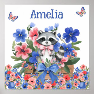 Sweet Dreams Floral Baby Raccoon & Child's Name  Poster