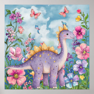 Sweet Dreams Floral Purple Dinosaur Nursery  Poster