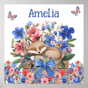 Sweet Dreams Floral Sleeping Fox & Child's Name Poster