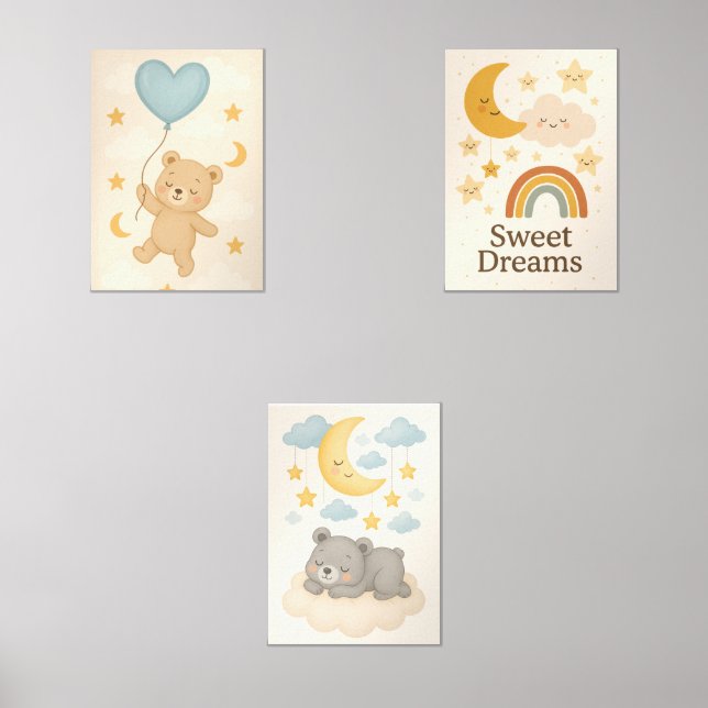 Sweet Dreams Nursery Wall Art Set - Lune, Ours (Recto)
