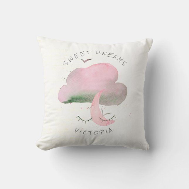 Sweet Dreams Pink Cloud & Moon Nursery Throw Pillow (Front)