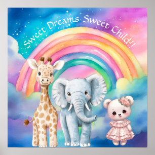 Sweet Dreams Rainbow Elephant & Giraffe Nursery Poster