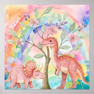 Sweet Dreams Rainbow Pink Dinosaurs Nursery Poster