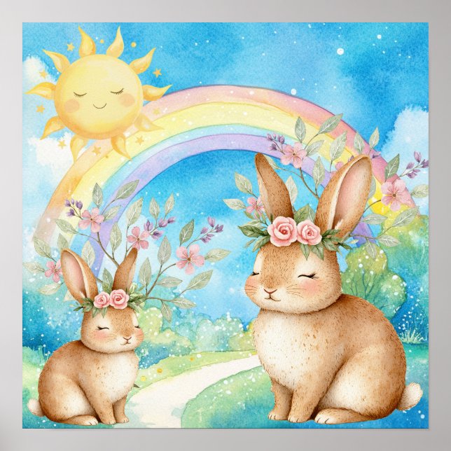 Sweet Dreams Rainbow Sleepy Rabbits Nursery  Poster (Front)