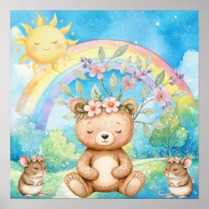 Sweet Dreams Rainbow Teddy Bear & Mice Nursery Poster