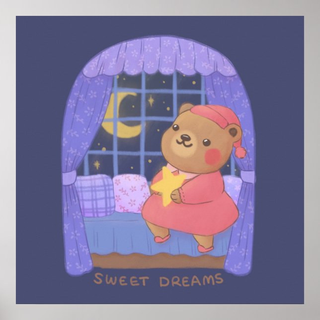 Sweet Dreams: Teddy Bear Illustration Poster (Front)