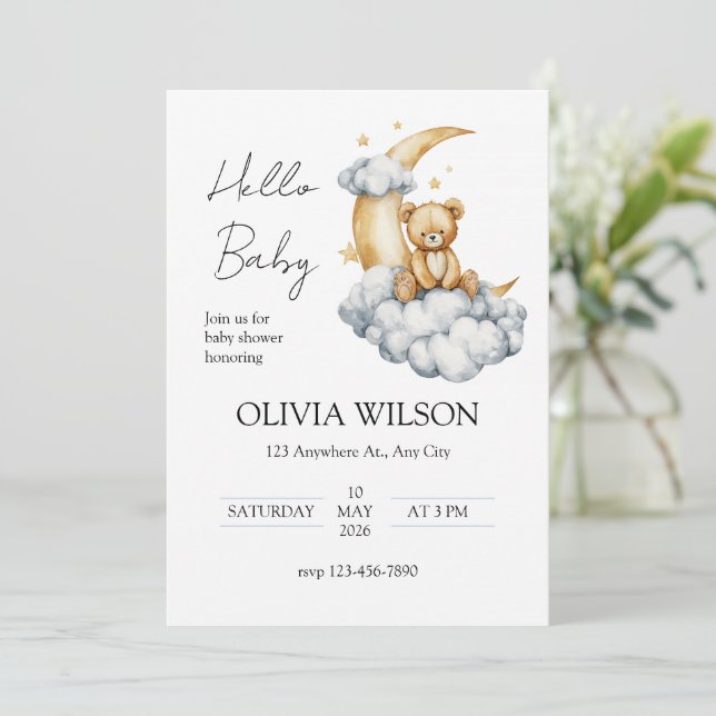 Sweet Dreams Teddy Bear on the Moon Invitation (Standing Front)