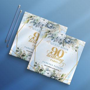 Sweet Dusty Blue Floral Frame 90Birthday Sign In Guest Book