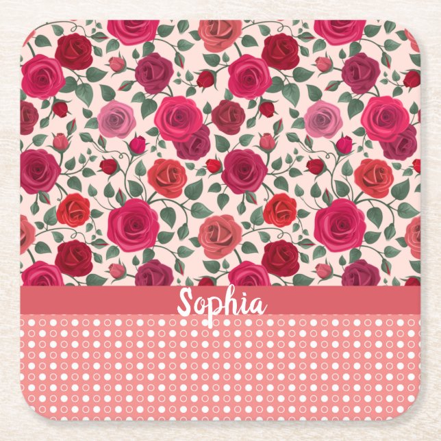 Sweet Dusty Pink Roses  Personalized  Square Paper Coaster (Front)