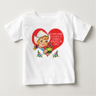 Sweet Dutch Girl Vintage Tulips Meisje & Heart Baby T-Shirt