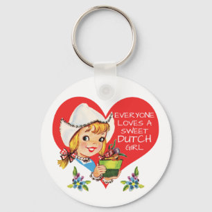 Sweet Dutch Girl Vintage Tulips Meisje & Heart Keychain
