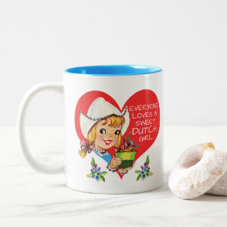 Sweet Dutch Girl Vintage Tulips Meisje & Heart Two-Tone Coffee Mug