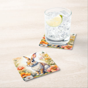 Sweet Easter Blessings Vintage Bunny Rabbit  Square Paper Coaster