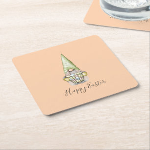 Sweet Easter Gnome with Eggs  Square Paper Coaster