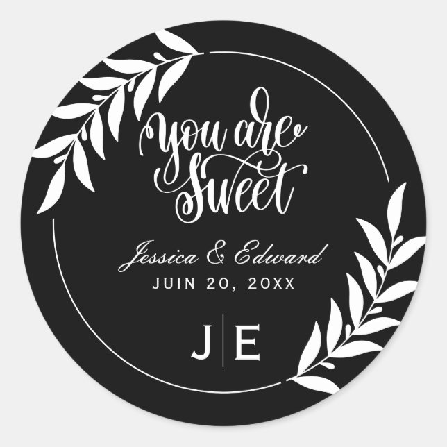 Sweet Elegant Leaf Simple Black and White Monogram Classic Round Sticker (Front)