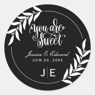 Sweet Elegant Leaf Simple Black and White Monogram Classic Round Sticker