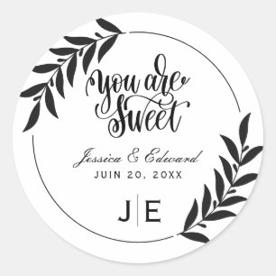 Sweet Elegant Leaf Simple Black and White Monogram Classic Round Sticker