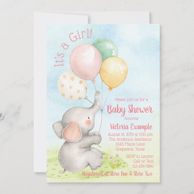 Sweet Elephant Baby Girl Douche Invitations (Devant)