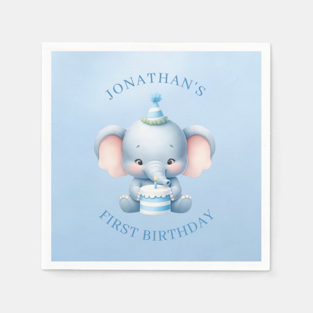 Sweet Elephant Blue Birthday Napkin (Front)