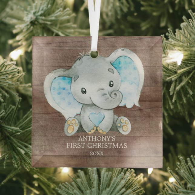 Sweet Elephant Boy Baby's First Christmas Glass Ornament (Insitu)