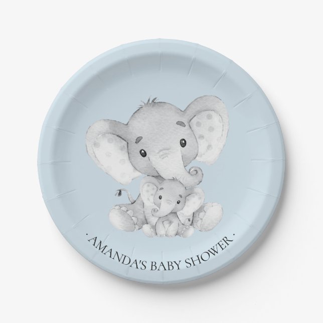 Sweet Elephant Boys Baby Shower 7" Plate (Front)