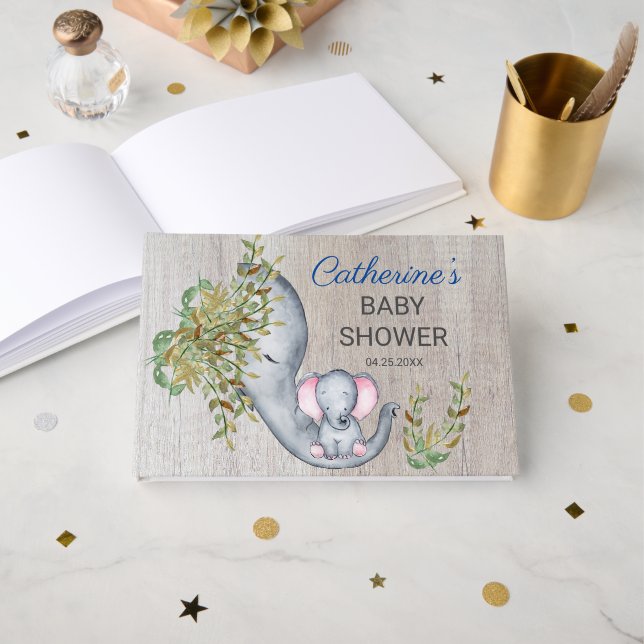 Sweet Elephant Floral Rustic Baby Shower    Guest Book (Front Open)