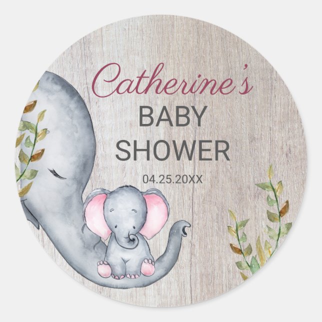 Sweet Elephant Floral Rustic Girl Baby Shower  Classic Round Sticker (Front)
