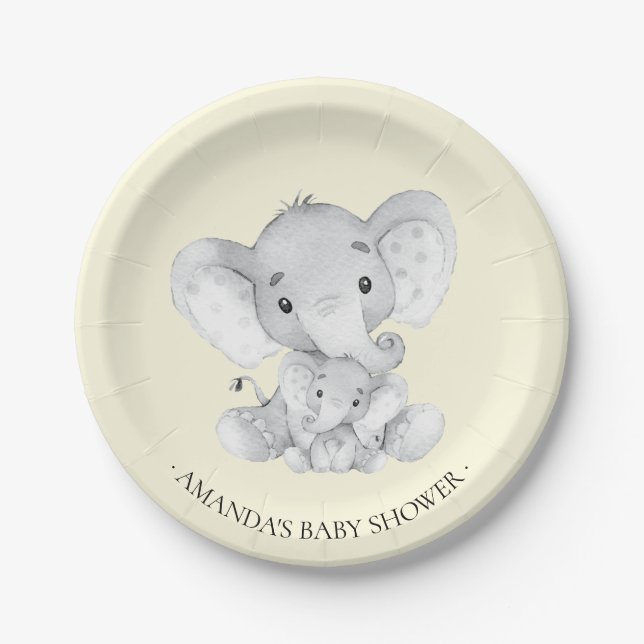 Sweet Elephant Neutrals Baby Shower 7" Plate (Front)