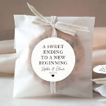 SWEET ENDING NEW BEGINNING Heart Wedding Favour Classic Round Sticker<br><div class="desc">A Classic Black Thank You Wedding Sticker featuring "A Sweet Ending to a New Beginning" in a classic modern elegant font. 
You can easily personalized it with your names and wedding date.</div>