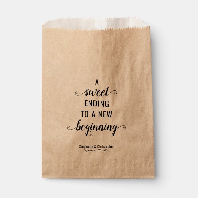 Sweet Ending New Beginning Rustic Script Wedding Favour Bag (Front)