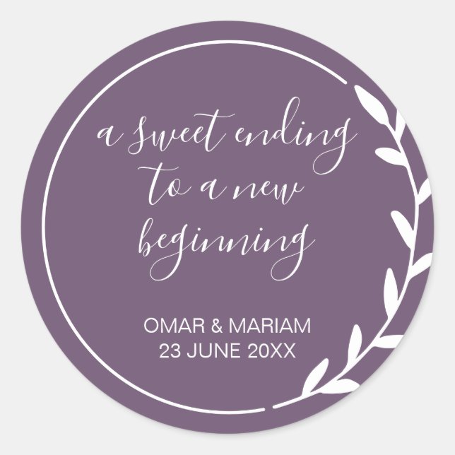 Sweet Ending New Beginning Violet Purple Wedding Classic Round Sticker (Front)
