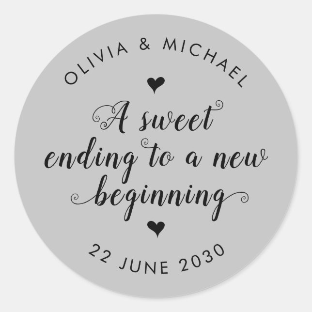 Sweet Ending New Beginning Wedding Silver Grey Classic Round Sticker (Front)