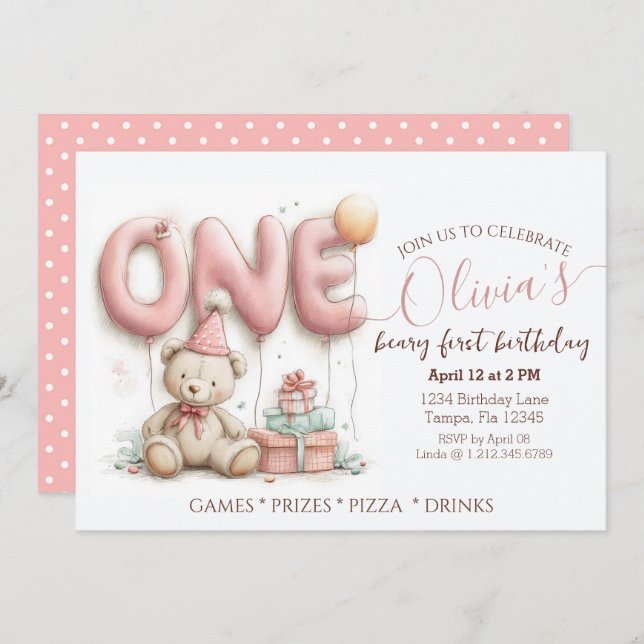 Sweet First Birthday Invitation with Teddy Bear  (Devant / Derrière)