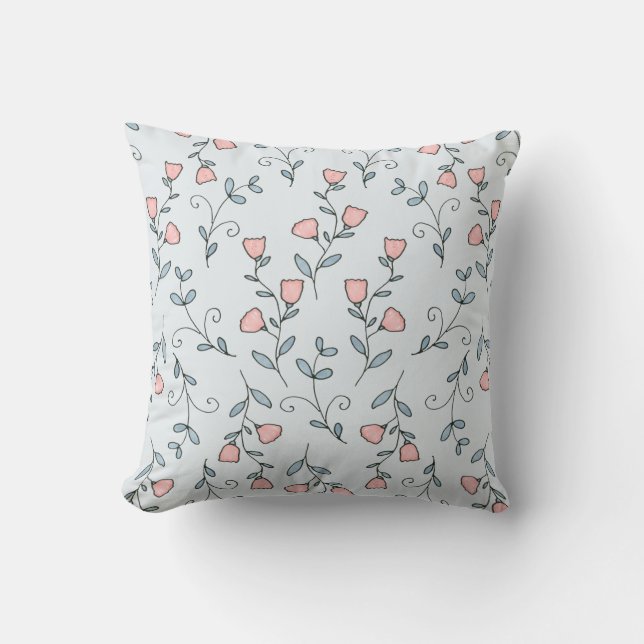 Sweet Floral Boho Blush Pink Lavender on Blue Throw Pillow (Front)