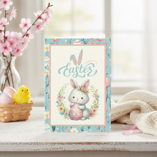 Sweet Floral Bunny With Egg Happy Easter Custom Holiday Card
