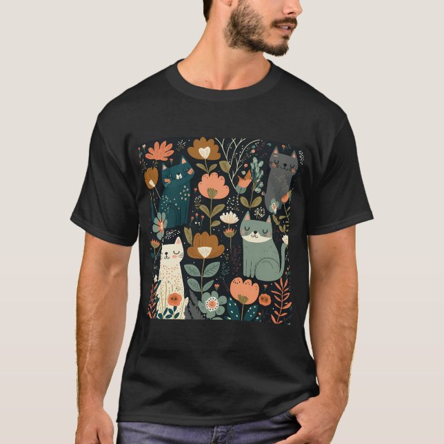 Sweet Floral Cat Pattern   T-Shirt (Front)