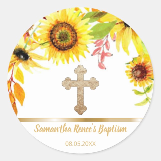 Sweet Floral Gold Cross Baby Baptism Favour Classic Round Sticker (Front)