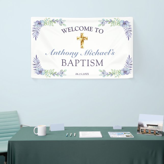 Sweet Floral Gold Cross Baby Christening Welcome   Banner (Tradeshow)