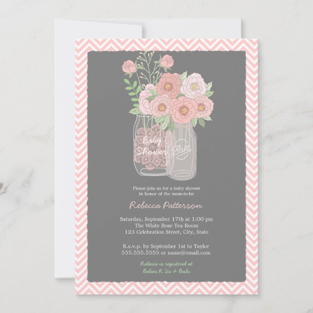 Sweet Floral Mason Jar Baby shower rose Invitation (Devant)