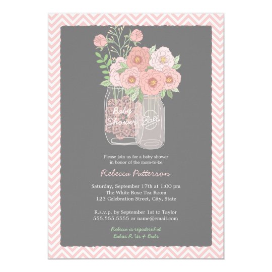 Sweet Floral Mason Jar Pink Baby Shower Invitation