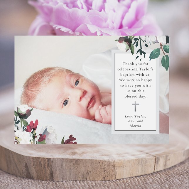 Sweet Floral Photo Baptism Thank You Card (Creator Uploaded)